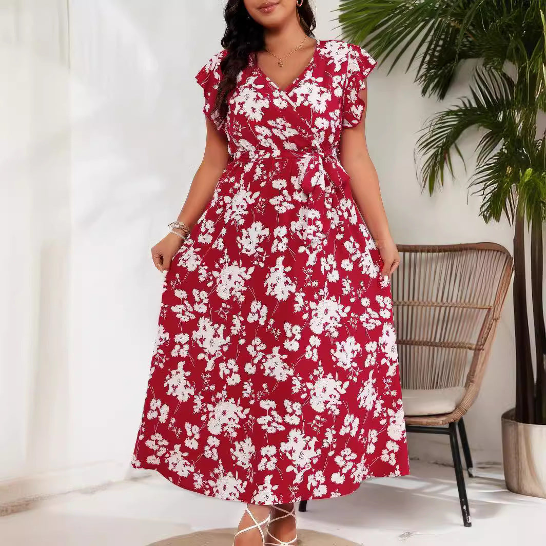 Plus Size Summer V Neck Belt Red Dress