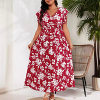 Plus Size Summer V Neck Belt Red Dress