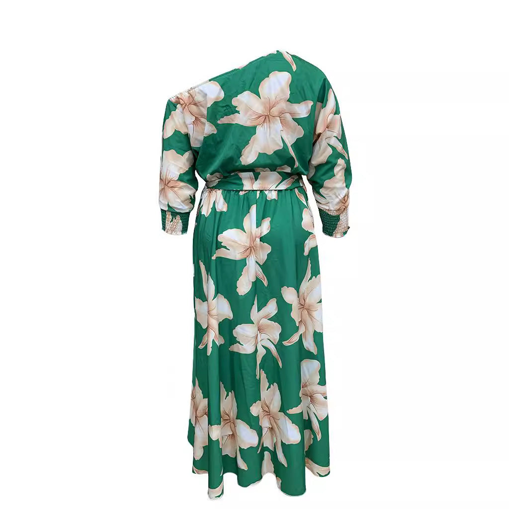 Plus Size Spring Summer Women Printed off Shoulder Elegant Dress