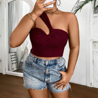 Plus Size Spring Summer Women Sexy Unilateral Strappy T shirt Wine Red Slimming Short Top