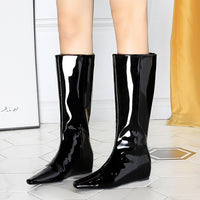 Wide Tube Women Boots Back Zipper Square Toe Middle Heel Wedge Height Increasing ole Shiny Patent Leather High Leg Boot