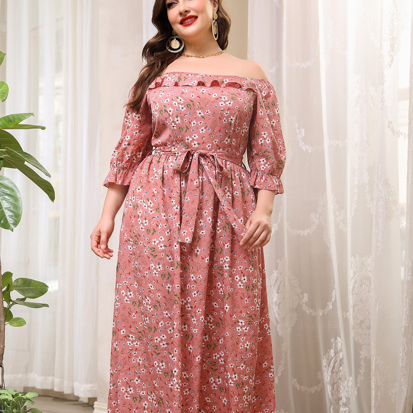 Plus Size Chiffon Chest Wrapped High Waist Dress Printed Dress