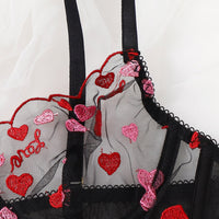 Pink Love Embroidered Transparent Black Mesh Sexy Suit