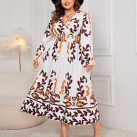 Plus Size Dress Printed Long Sleeve V neck Maxi Dress