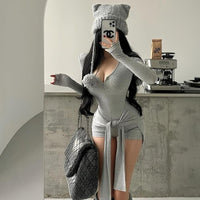 Round Neck Long Sleeve Slim Fit Lace up Waist Tight Solid Color Jumpsuit