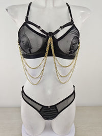 Sexy Hollow Out Cutout out See through Bra Three Point Chain Sexy Lingerie Set