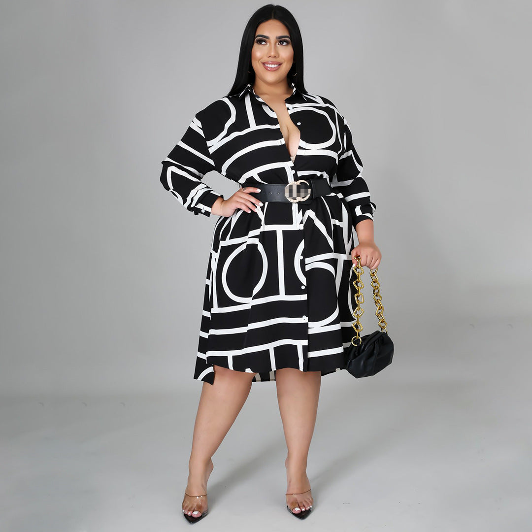 Plus Size Printing Pleating Waist Shirt Dress for Women