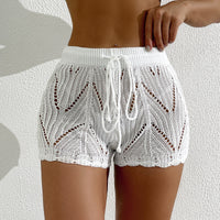 Summer Beach Pants Women Solid Color Sexy Knitted Hollow Out Cutout Beach Bikini Swimsuit Shorts Women
