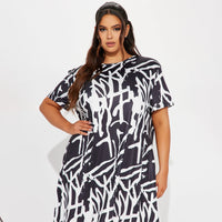 Plus Size Maxi Dress Abstract Print Black White Comfortable Casual Loose Dress