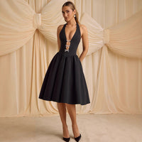 Spring Summer Halter Bow Deep V Plunge neck Backless Sexy Tulle Tutu Dress