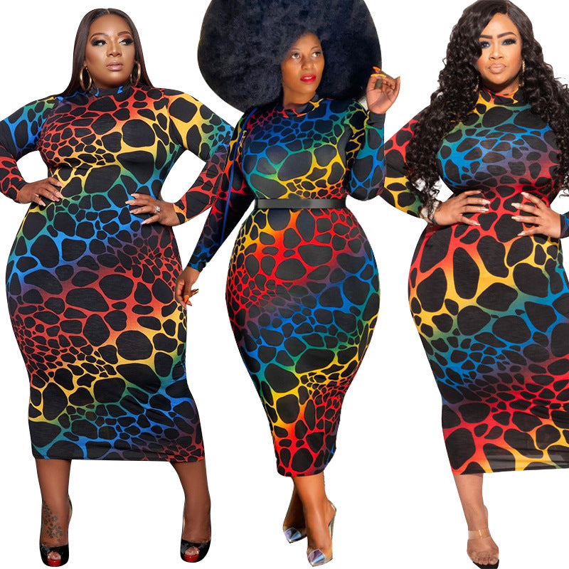 Plus Size Print Skinny Sheath Mid-Length Women Dress