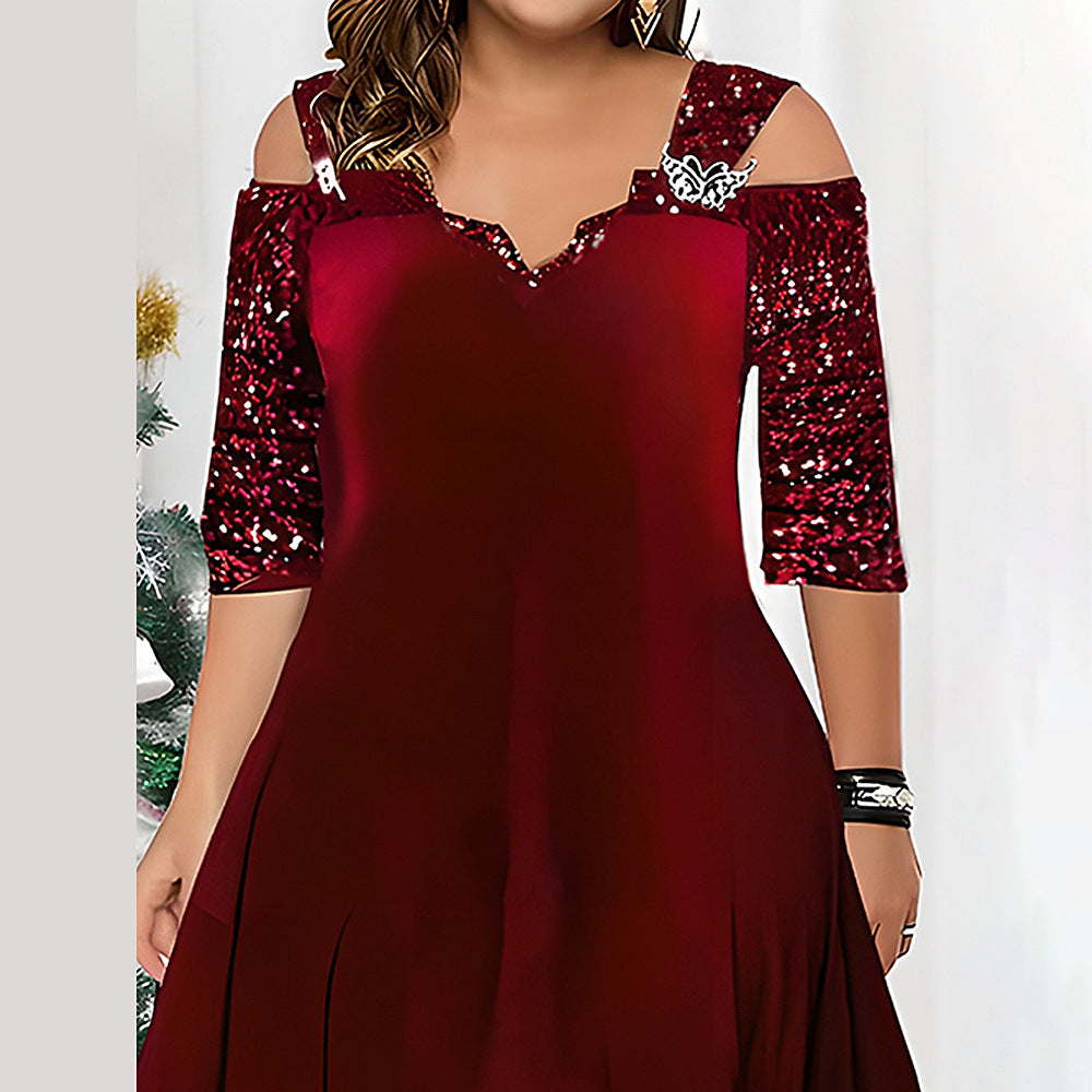 plus Size Solid Color Sequin Large Swing Dress Autumn Clothes plus Size Women Clothes Maxi Dress