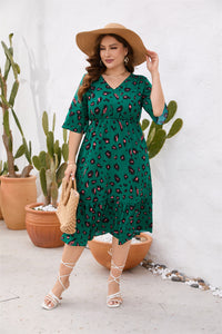 Plus Size Women's Clothing Summer V Neck Short Sleeve Ruffled Elastic Waist Dress Midi Dress