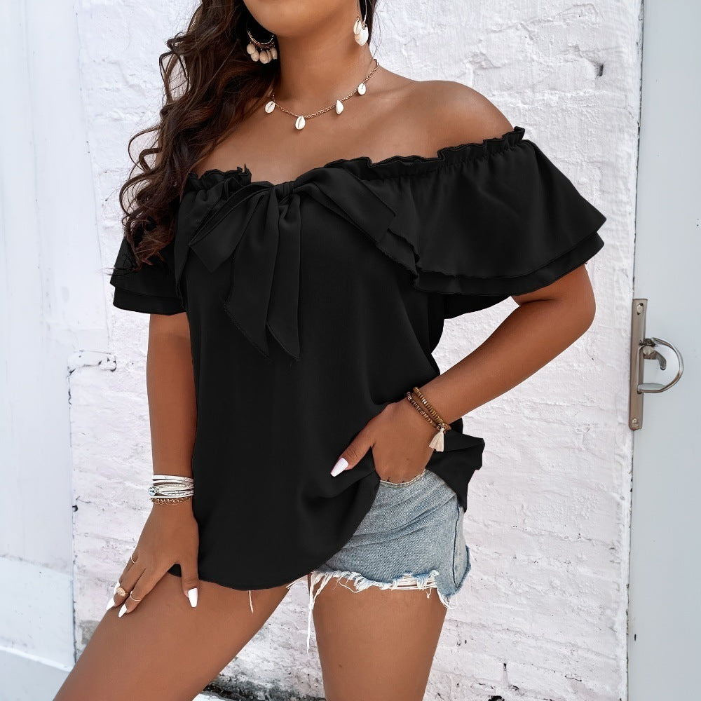 Plus Size Women All Match Office T shirt Spring Summer One Neck Bow Top
