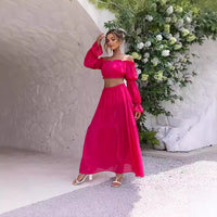 Solid Color Sexy Long Sleeved Off Shoulder Skirt Two Piece Set