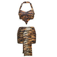 Spring Women Clothing Sexy Tiger Pattern Halter Cropped Tank Top Hip Skirt Two Piece Set for Women