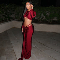 Women Clothing Solid Color Sexy Skirt Set Long Sleeve Dress round Neck Slim Fit Slimming Two Piece Set