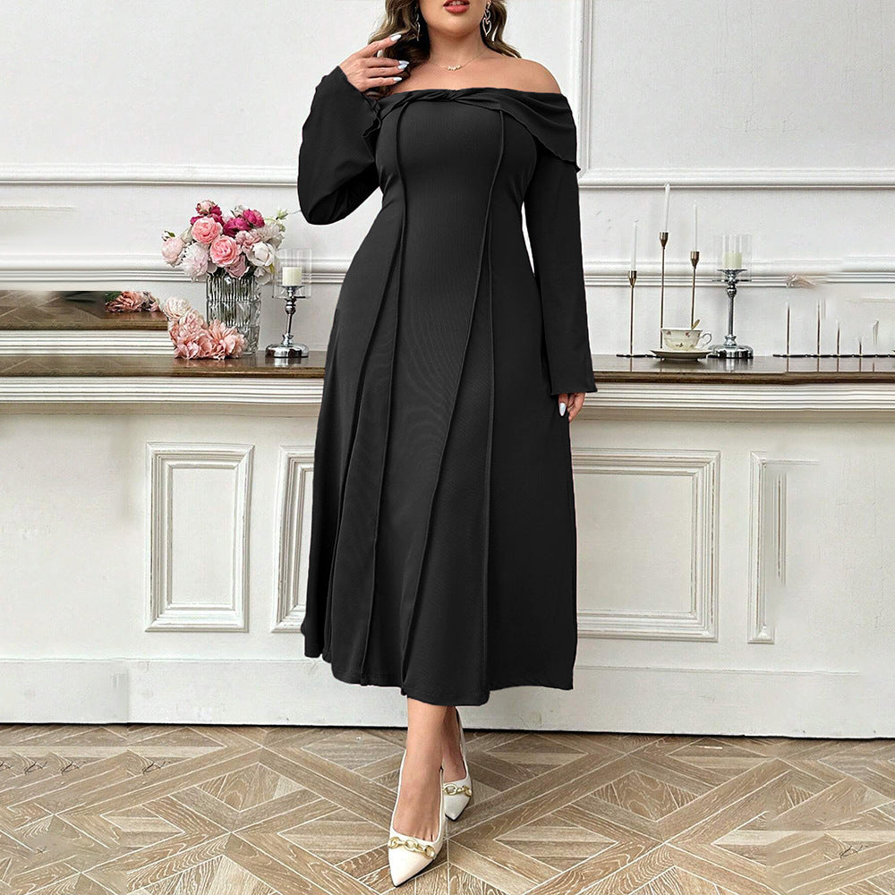 Plus Size Women Elegant Intellectual Dress Autumn Winter Boat Collar Adult Lady like Woman Elegant Midi Dress