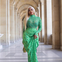 Women Clothing Autumn Winter Mesh Top Pleating Slim Fit Maxi Dress Two Piece Set