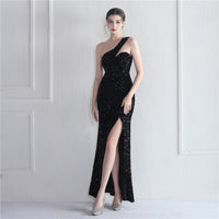 Velvet Bottom Sequin Colorful One Shoulder Party Wedding Dinner Fishtail Long Evening Dress
