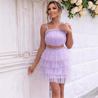 Sexy Solid Color Mesh Strap Tube Top Skirt Two Piece Set