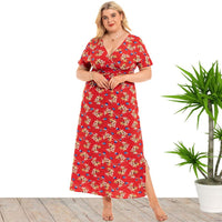 Plus Size Summer Women Clothes Floral Dress V-neck Split Dress