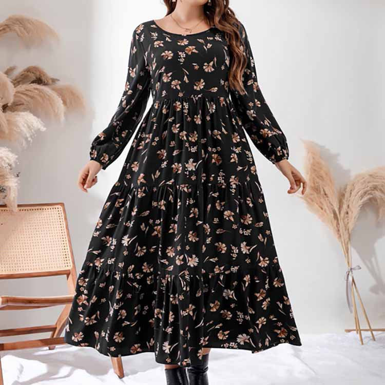 Plus Size Office Pullover Printed Black Maxi Dres Printed Dress