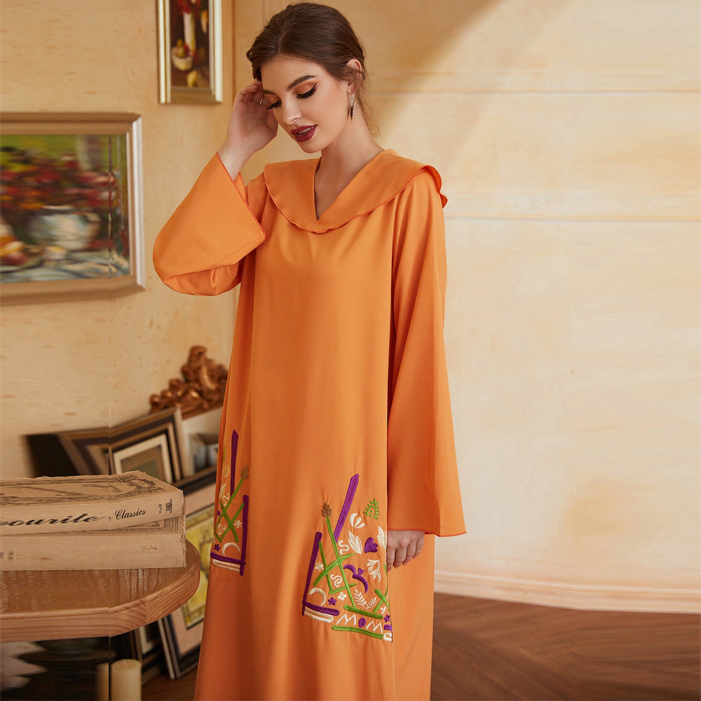 Plus Size Middle East Turn V Neck Embroidery Robe