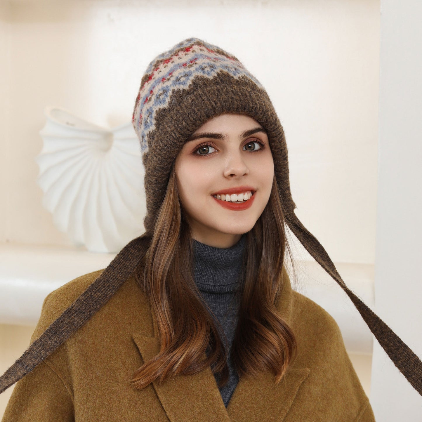 Korean Retro Diamond Lattice Knitted Earmuffs Hat Women Autumn Winter Warm All Matching Thickened Woolen Cap