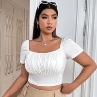Plus Size Women Elegant Square Neck T shirt Summer Slim Fit Solid Color Short Top