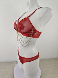 Sexy Hollow Out Cutout out See through Bra Three Point Chain Sexy Lingerie Set