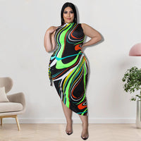 Plus Size Sexy Women Clothing Irregular Asymmetric Pattern Print Strap Hip Bag Dress