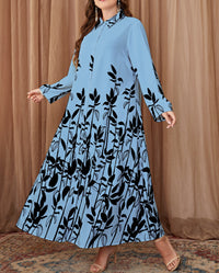 Loose Retro Colorful Shirt Collar Office Literary Floral Printing Dress Shirt Jumpsuit