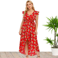 Plus Size Summer Women Clothes V-neck Printed Dress Beach Dress