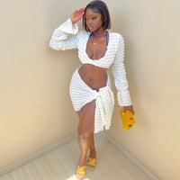 Women Streetwear Hollow Out Cutout Out cropped Bubble Set Rope Long Sleeve Short Dress Two Piece Set