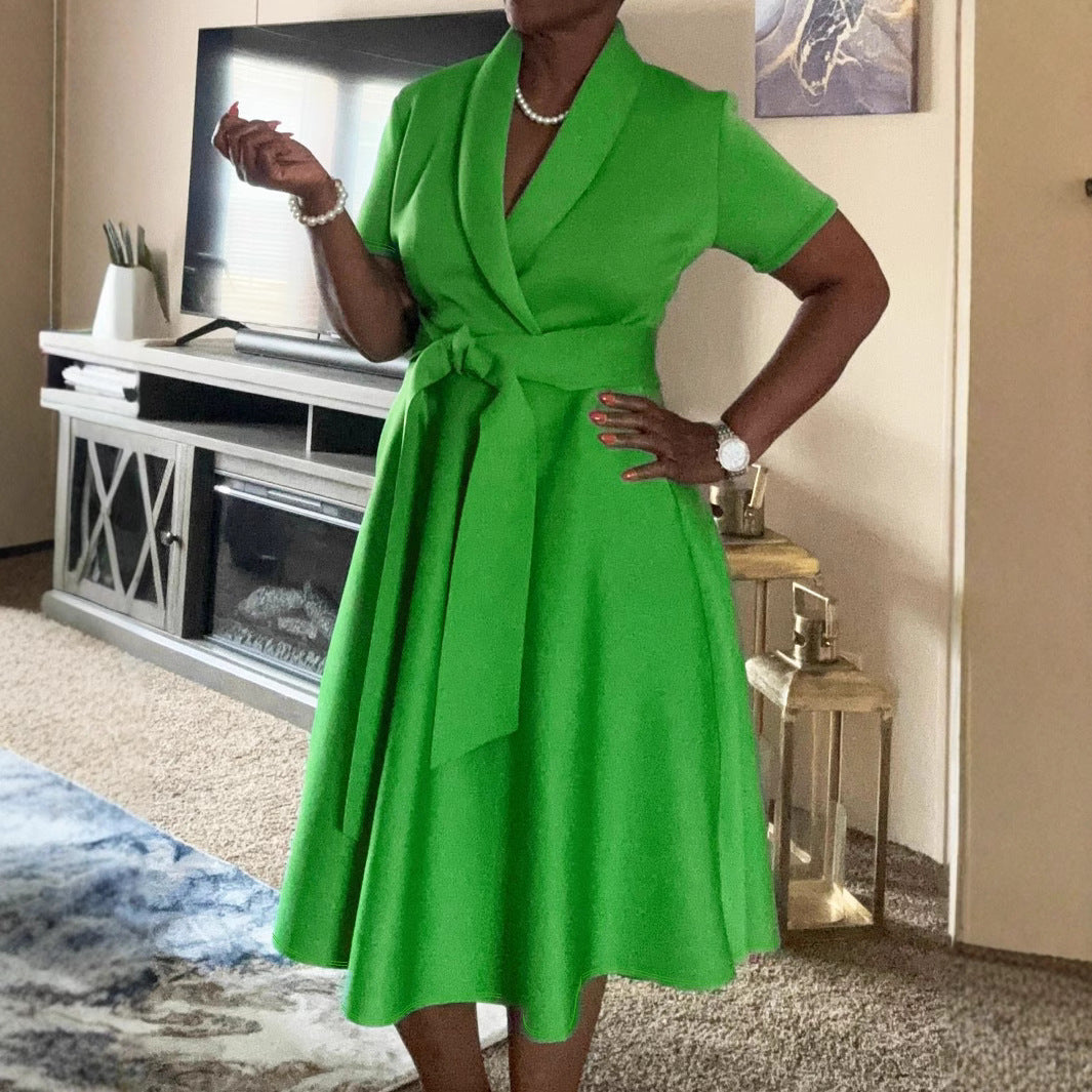Plus Size Women Clothing Cross Collared Short Sleeve Solid Color Waist Tight Dress