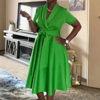 Plus Size Women Clothing Cross Collared Short Sleeve Solid Color Waist Tight Dress