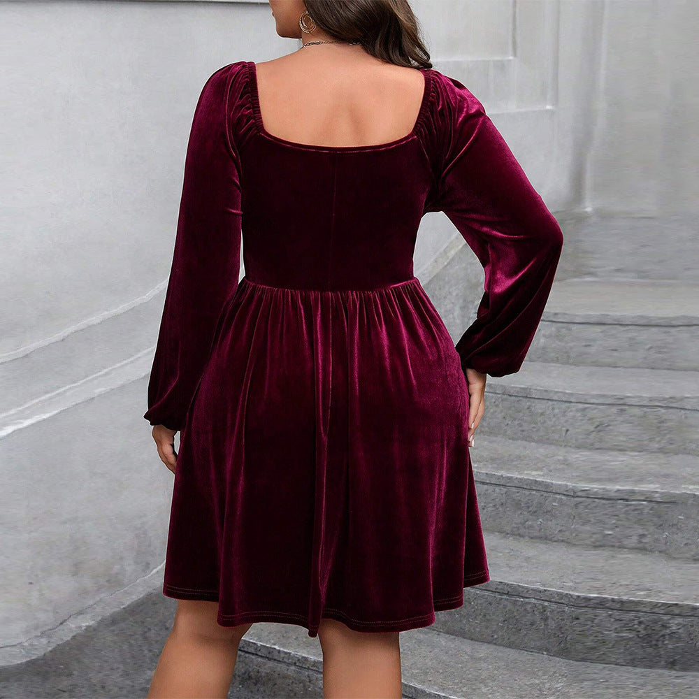 Plus Size Autumn Winter Size Clothes Sexy Waist Controlled Long Sleeves Cocktail Velvet Dress