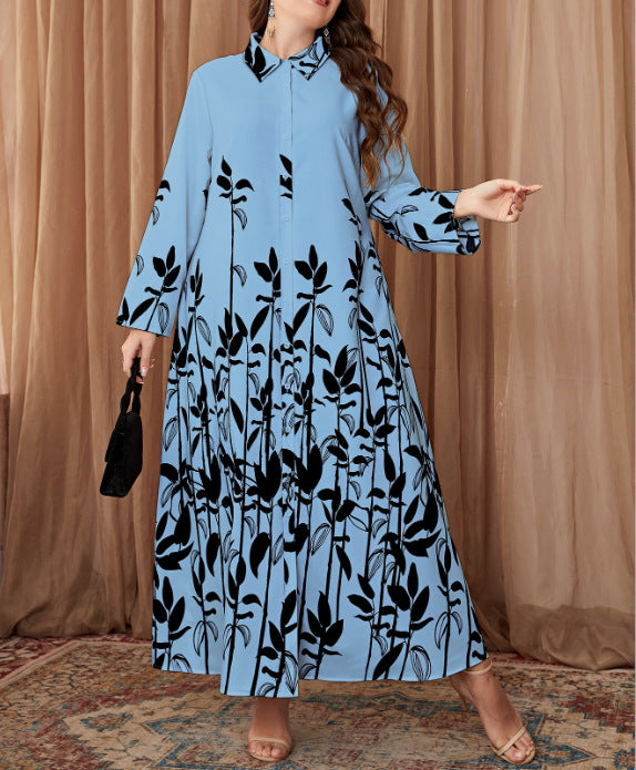 Loose Retro Colorful Shirt Collar Office Literary Floral Printing Dress Shirt Jumpsuit