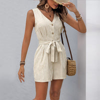 Summer Jumpsuit V neck Sleeveless Striped Romper