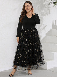 Plus Size Women Casual V Neck Long Sleeve Polka Dot Printed Pattern Swing Long Dress