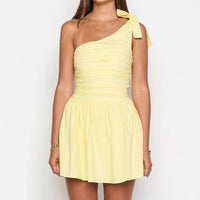Women Wear Oblique Shoulder Bow Pleated Slim Summer Dress Women Yellow Sweet Spicy Dress