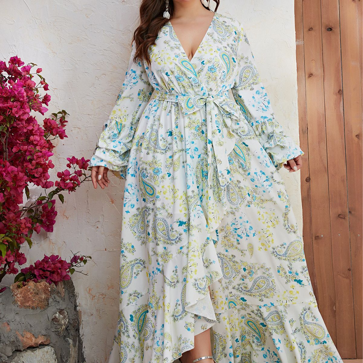 Plus Size Maxi Dress Women Chiffon V Neck Long Sleeve Dress Split Print Casual Maxi Dress