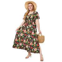 Plus Size Women Summer V Neck Short Sleeve Printed Large Swing Bohemian Dress