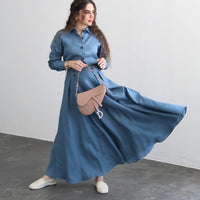 Women Clothing Autumn Linen Solid Color Loose Long Sleeves Skirt Two Piece Set
