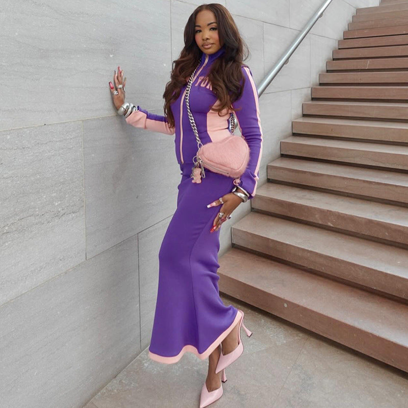 Autumn Contrast Color Long Sleeves Slim Fit Sexy Long Sleeve Two Piece Skirt Sets