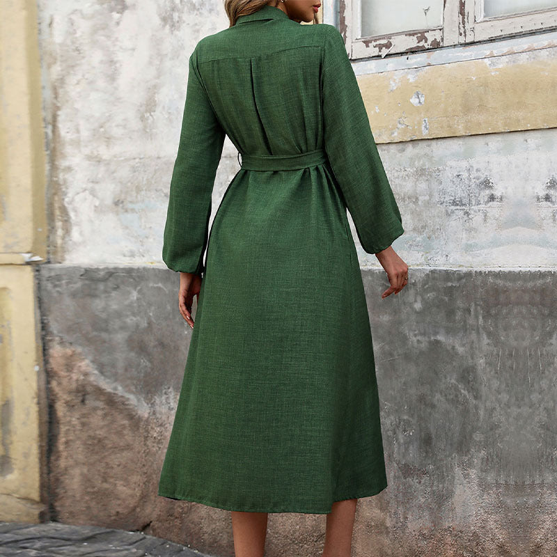 Fall Women Clothing Turn down Collar Green Long Sleeve Solid Color Dress