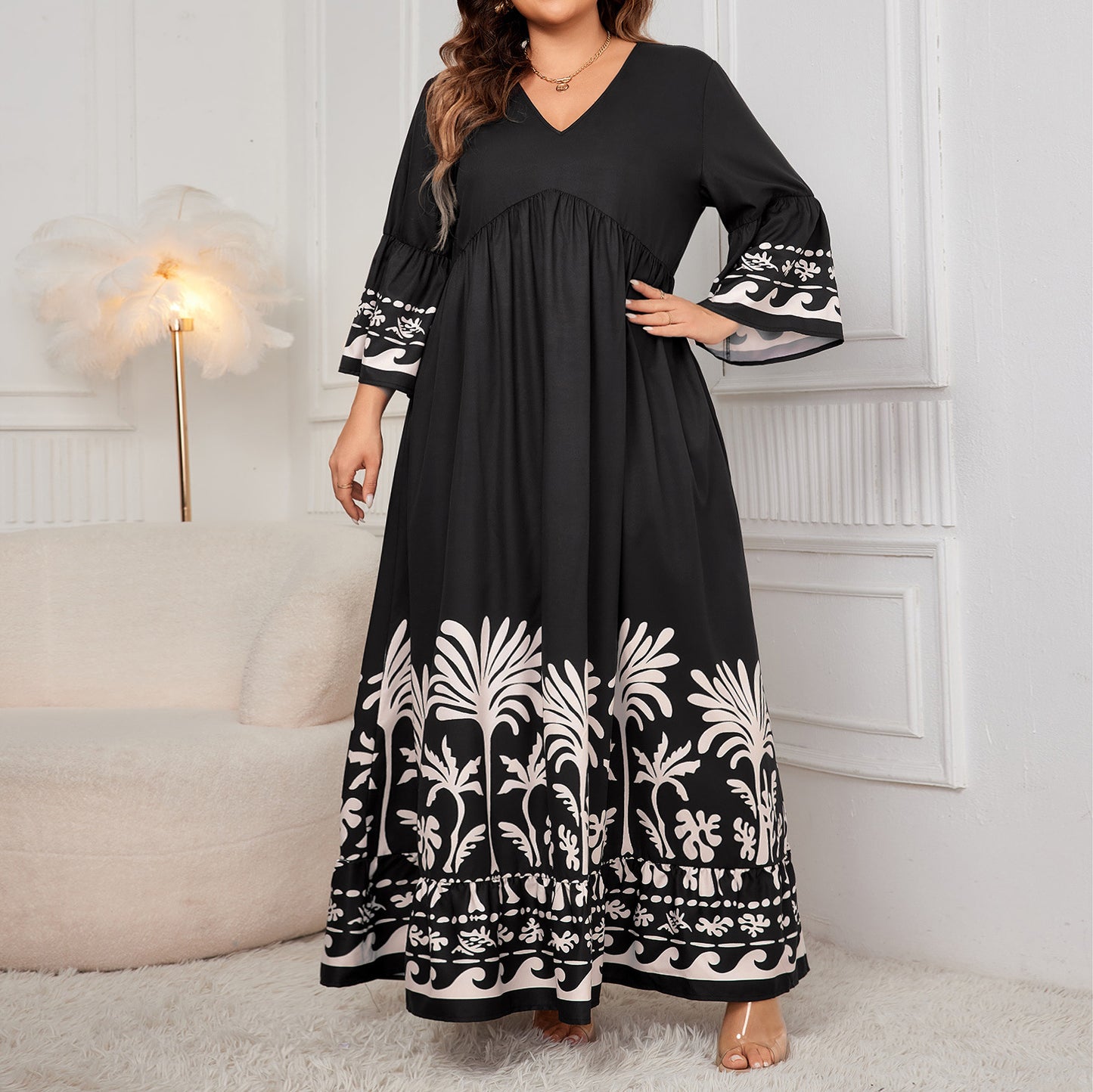 Plus Size Sleeve Loose Dress Elegant V neck Printed Maxi Dress Women