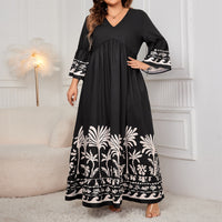 Plus Size Sleeve Loose Dress Elegant V neck Printed Maxi Dress Women