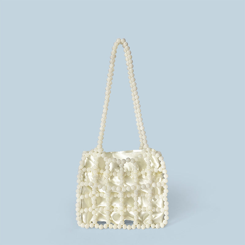 Handmade Beaded Bag All Match Shoulder Crossbody Portable Hollow Out Cutout Bag White Beads Bag